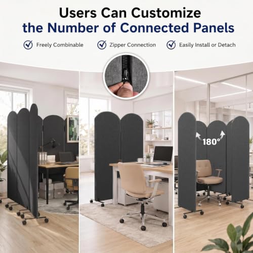 3-Panel Office wall Divider W/Wheels, 72 x 66 in Portable Partition wall | Office Dividers for Sound Proofing & Reducing, Freestandings Privacy Cubicle Temporary Wall with Whiteboards, pen, thumbtacks - color: Dark Gray