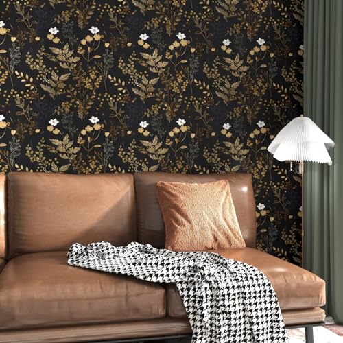Black Floral Wallpaper Peel and Stick Wallpaper Leaf Wallpapers Gold Leaf Contact Paper for Cabinets Waterproof Self Adhesive Wall Paper for Kitchen Countertop Wall 17.5" x 393" | Waterproof Vinyl Self Adhesive Removable Renter Friendly Floral Contact Pap