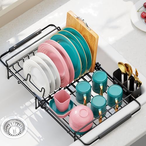 Urackify Expandable Stainless Steel in Sink Dish Drying Rack | Expandable design fits 13"-18" sinks. Rustproof stainless steel construction. In-sink rack with utensil holder. - color: Black