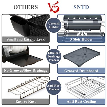 SAYZH Dish Drying Rack for Kitchen Counter with Utensil Holder, Silver | Stainless Steel, Large Capacity, Angled Drainboard, Rotating Spout, Removable to Clean - color: Silver