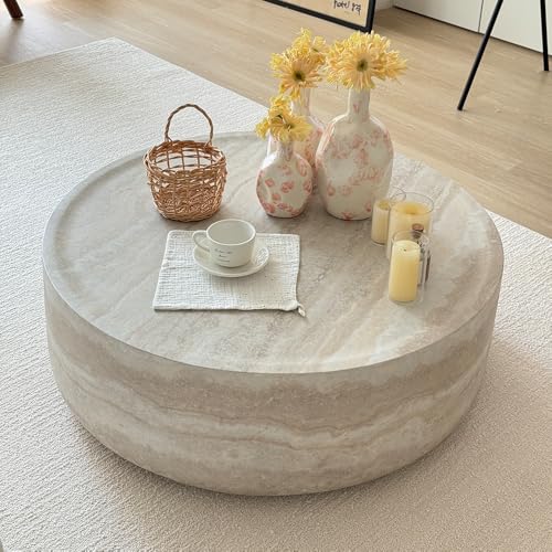 31.49'' Round Coffee Table in Faux Marble, Modern Circle Fiberglass Drum Stone Center Table Side Table Tea Table for Living Room, No Need Assembly (Mars Pattern) - color: 31.49" Round, Mars Pattern