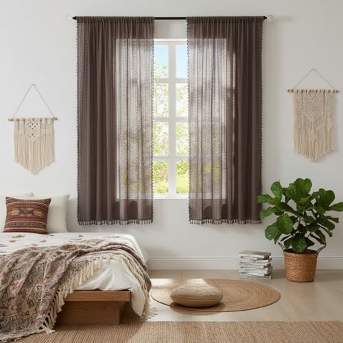 WAZZIO Boho Lace Curtains 63 Inches 2 Panel,Light Filtering Privacy Tassel & Geometry Crochet Semi Sheer Curtain Drapes for Bedroom Living Dining Room,Rod Pocket & Tassel,Chocolate Brown - color: Brown, size: 59"W x 63"L (Pack of 2)