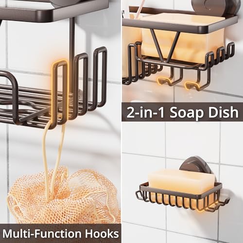 KEGII Shower Caddy Suction Cup 3 Pack, Bathroom Organizer Shelf, Bronze | Removable Rustproof Stainless Steel Rack with Soap Holder and Hooks, No Drill Shower Storage for Shampoo and Bathroom Items