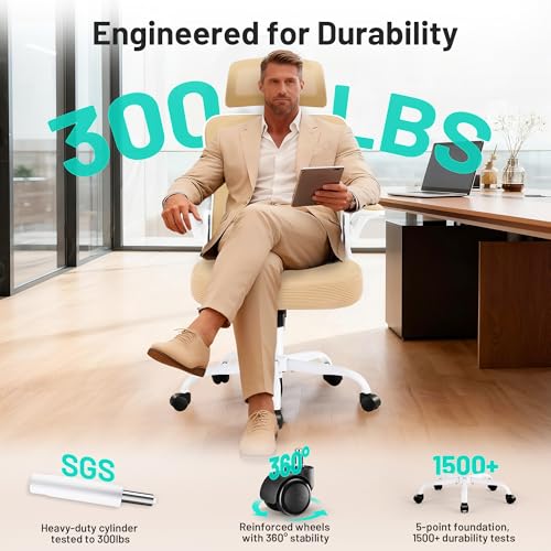 Office Chair - Ergonomic Desk Chair Breathable Mesh Chair with 2D Headrest & Adjustable Lumbar Support - Executive High Back Rolling Swivel Computer Gaming Chair with Wheels Flip-up Armrests - color: Khaki/White