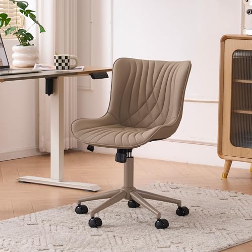 YOUTASTE All Khaki Office Chair, Modern Armless Desk Chair with Back, Adjustable Swivel Rolling Faux Leather Task Chair with Wheels Metal Base for Home Office, Study, or Vanity - color: All Khaki