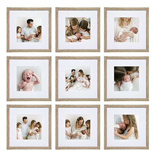 Sheffield Home 9 Piece Gallery Wall Frame Set, 12x12 in. Matted to 8x8 in. (Light Natural) - color: Light Natural, size: 12x12 Inch