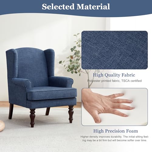 HUIMO Printed Wingback Accent Chair, Linen Upholstered High Back Armchair, Comfy Reading Chair for Living Room Bedroom Study, 300lbs Weight Capacity (1, Navy Blue) - color: Navy Blue