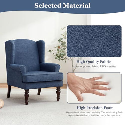 HUIMO Printed Wingback Accent Chair, Linen Upholstered High Back Armchair, Comfy Reading Chair for Living Room Bedroom Study, 300lbs Weight Capacity (1, Navy Blue) - color: Navy Blue