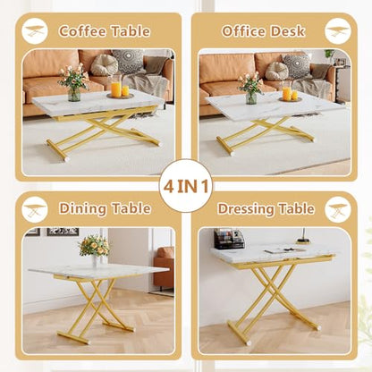Adjustable Height Coffee Table, Folding Dining Table, White&Gold | Convertible lift top table for use as a coffee table, dining table, home office desk or vanity - color: White & Gold Legs