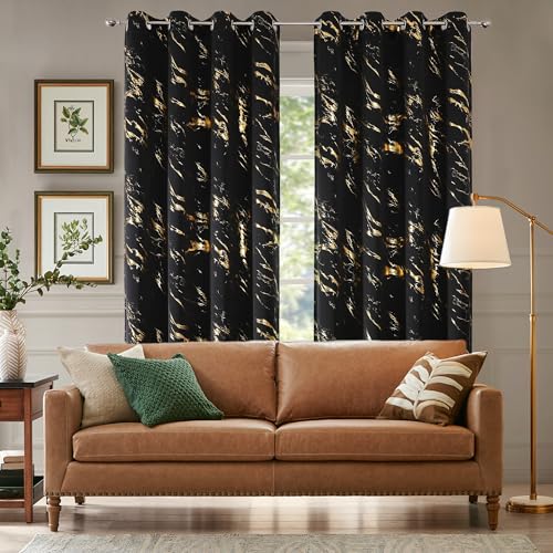 WUBODTI Black and Gold 100% Blackout Curtains 54 Inch Length for Kitchen Bathroom Kids Bedroom, Grommet Gold Marble Patterned Short Curtains Modern Luxury Thermal Insulated Curtain Drapes - color: Black and Gold, size: 52"W x 54"L (Pack of 2)