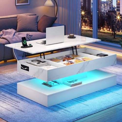 chartustriable 47.2" Large Lift Top Coffee Table, Modern LED High Glossy Coffee Table with Storage for Living Room, Lift Up Living Room Center Tables with Charging Station, LED Lights, White - color: White, size: 47.2"