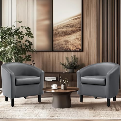 Yaheetech Accent Chairs Set of 2, Faux Leather Barrel Armchairs Gray | Water-resistant Faux Leather Chairs with High-density Foam and Solid Wood Legs for Living Room, Waiting Room, Small Space - color: Gray(faux Leather), style: without Ottoman