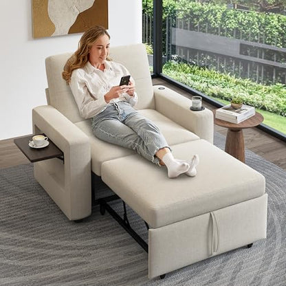 Sunny Heart 42.5" W Oversized Sleeper Chair Bed, 3-in-1 Convertible Reclining Sofa Chair with Pull Out Couch Bed, Adjustable Backrest, Side Pockets, Cup Holder, USB Ports & Side Table, Premium Beige - color: Beige, size: 42.5 inch