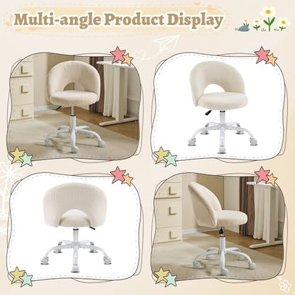 VINGLI Small Vanity Chair with Faux Fur Wheels for Girls,Cute Adjustable Height Armless Office Desk Chair,360°Swivel Comfy Rolling for Study,Make up Room,Small Space,Khaki - color: Furry Khaki