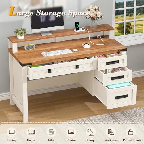 47" Farmhouse Computer Desk with 4 Drawers for Home Office, Bedroom | Executive Desk with Power Outlets, Home Office Desk with Monitor Stand, Small Desk Writing Study Table, Antique White - color: Brown and White