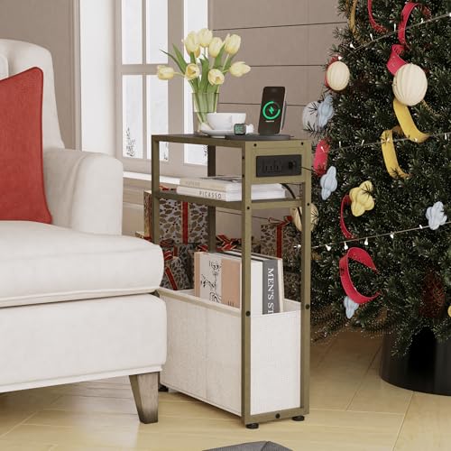 Leomonio Green Side Table with Charging Station, Slim End Tables with Linen Basket, Skinny Table for Small Spaces, Thin Bedside Table for Living Room, Bedroom - color: Forest Green + Camel Brown - Outlet