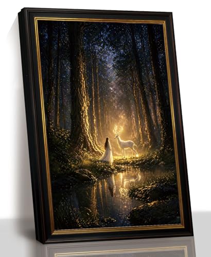 Black Gold Trim Framed Glowing Deer Forest Canvas Wall Art, 16x24in | Black frame with gold-tone trim, glowing deer forest canvas for living room, bedroom, office, hallway, or reading nook - color: Glowing Deer Forest, size: 24"L x 16"W