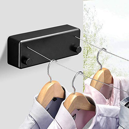 Retractable Double Clothesline Laundry Indoor Washing Clothes Line | Adjustable Stainless Steel Clothes Dryer Rope String, Hotel Style Heavy Duty, 13.8 Feets, Wall Mounted, Black ABS Aluminum - size: Double Rope, style: Black