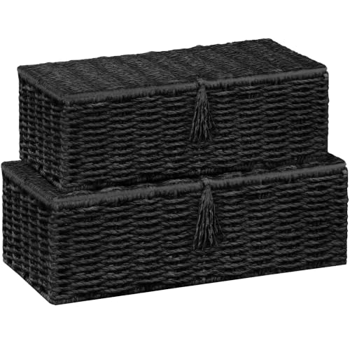 Wicker Shelf Baskets with Lid, Set of 2 Handwoven Wicker Storage Baskets for Shelves, Rectangular Storage Bins with Lids, Decorative Storage Boxes, Small Wicker Baskets for Organizing, Black - color: Black