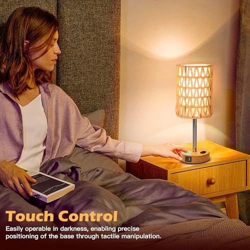 Rattan Table Lamps for Living Room, 3 Way Dimmable Touch Lamps, Small Bedside Lamps with LED Bulbs, Phone Stand, USB Ports and AC Outlet, Boho Nightstand Lamp for Bedroom Office (1 Pack Faux Wood) - size: 1 Pack Faux Wood