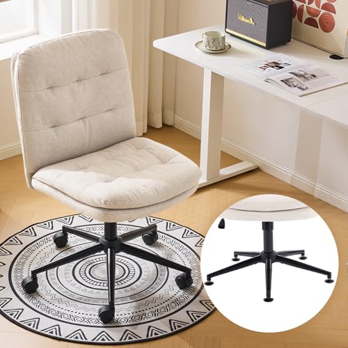 VINGLI Mid Back Armless Office Desk Chair with Wheels/no Wheels,360°Rocking Swivel Vanity Chair with Thickened Cushion,Adjustable Height Rolling for Reading Room, Make up,Linen Beige - color: Beige