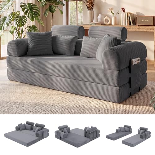 79" Convertible Futon Sofa Bed,High Back Boneless Couch for Living Room | 5-in-1 Corduroy Boneless Loveseat Sleeper, Futon Couch with Ergonomic Support & Side Storage Pocket, No Assembly,Dark Gray - color: Dark Gray, size: 79" High Backrest Sofa