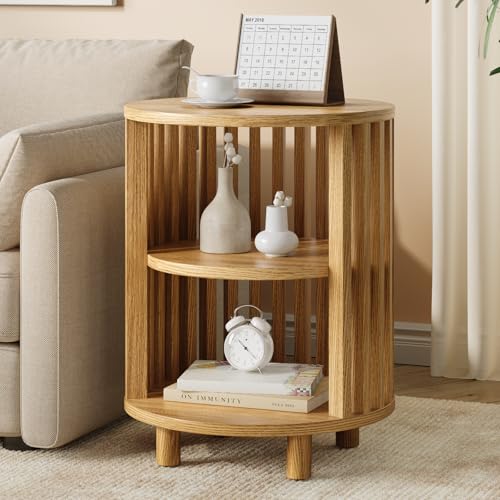 Round End Table, Wood Bedside Table, Mid Century Modern Nightstand with Open Storage Shelf, 3 Tier Small Side Tables for Living Room, Bedroom, Curved Profile Design, Natural Oak(1-Pack) - color: Oak, size: 19" H