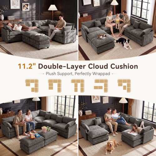 110" Modular Sectional Cloud Sofa Couch V Shape with 2 Ottoman, Grey | 3 Layer Cushion, 6 Washable Pillows, 29" Deep Seat, Chenille Fabric, for Living Room Apartment - color: Grey, size: 110"V-2