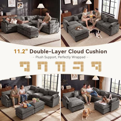 110" Modular Sectional Cloud Sofa Couch V Shape with 2 Ottoman, Grey | 3 Layer Cushion, 6 Washable Pillows, 29" Deep Seat, Chenille Fabric, for Living Room Apartment - color: Grey, size: 110"V-2