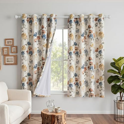 MYSKY HOME Floral 100% Blackout Linen Curtains 72 Inches Long 2 Panels Set for Bedroom Living Room Farmhouse Flower Pattern Double Layer Thermal Insulated Grommet Drapes, Yellow, 52" Wide Each Panel - size: 52"W x 72"L (Pack of 2)
