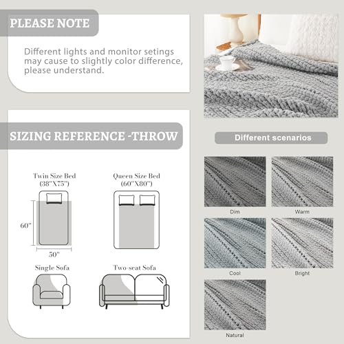 Chunky Knit Throw Blanket for Couch, Light Grey Throw Blanket 50"x60" | Knit Throw Blanket, Soft Thick Chunky Blanket, Hand Made Gray Knitted Throw Blanket for Bed Sofa Living Room - color: Light Grey