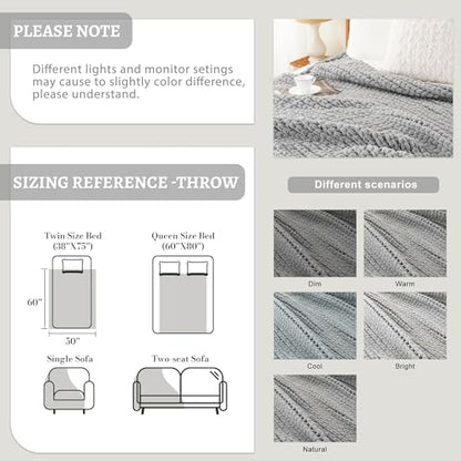 Chunky Knit Throw Blanket for Couch, Light Grey Throw Blanket 50"x60" | Knit Throw Blanket, Soft Thick Chunky Blanket, Hand Made Gray Knitted Throw Blanket for Bed Sofa Living Room - color: Light Grey