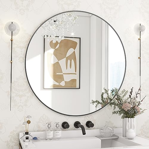 BEAUTYPEAK 24 Inch Round Mirror, Metal Frame Circle Mirror, Black | Wall Mounted for Entryway, Bathroom, Vanity, Living Room - color: Black, size: 24"L x 24"W