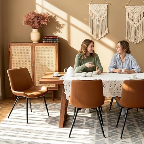 Dining Chairs Set of 2, PU Leather Armless with Metal Legs Brown | Fits Dining Rooms, Kitchens, Waiting room, Living rooms, Offices & Cafes, Easy to Clean Easy to assemble Adjustable Foot Pads - color: Brown