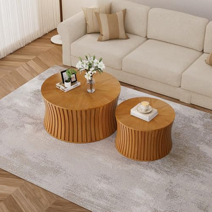 Modern Round Coffee Table Set of 2 Nesting Wood Fluted End Table Set | Drum Side Table, Circle Accent Tables, For Living Room Bedroom Balcony Office, Small Space - color: Natrual