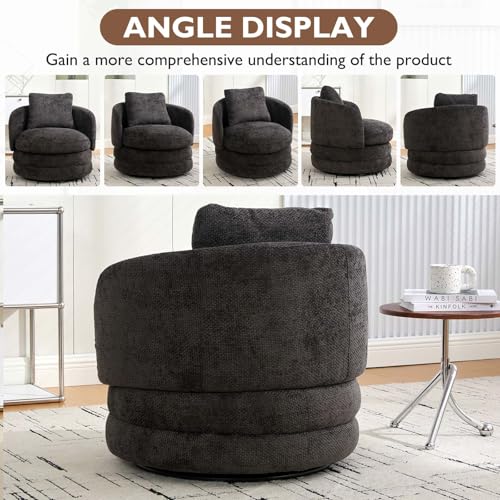 Round Swivel Barrel Chair with Comfy Pillow, Beige Small Accent Chair with Curved Backrest, Modern Upholstered Armchair & Chenille Barrel Accent Chairs for Living Room Bedroom Office (Dark Gray) - color: Dark Gray