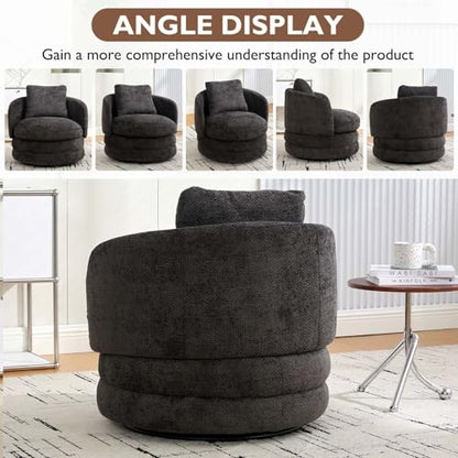 Round Swivel Barrel Chair with Comfy Pillow, Beige Small Accent Chair with Curved Backrest, Modern Upholstered Armchair & Chenille Barrel Accent Chairs for Living Room Bedroom Office (Dark Gray) - color: Dark Gray
