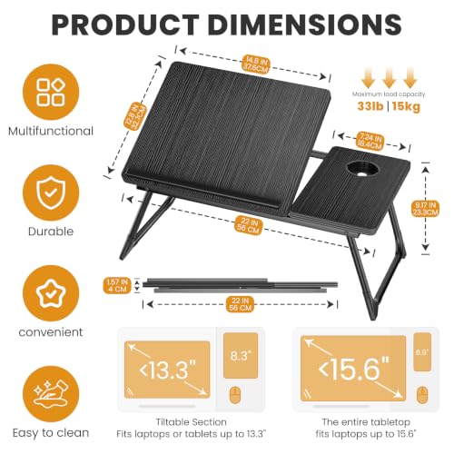 Laptop Bed Desk, 5-Angle Adjustable Bed Laptop Table with Cup Holder | Foldable Laptop Stand for Couch & Sofa, Portable Laptop Tray for Adults Writing Reading Eating, Black - color: Black
