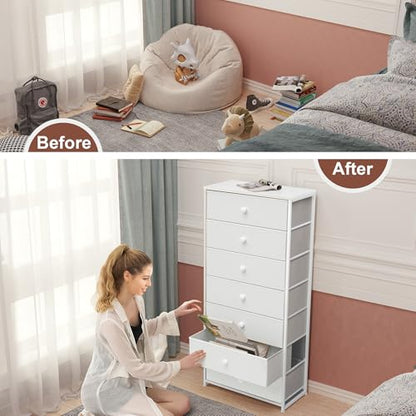 Fabric Dresser for Bedroom, Wide 7-Drawer Tall Vertical Tower (White) | Wooden Top, Steel Frame, Easy Pull Bin,Organizer Unit for Living Room, Hallway, Entryway, Nursery, Closets - color: White, style: Wide-7 Drawers