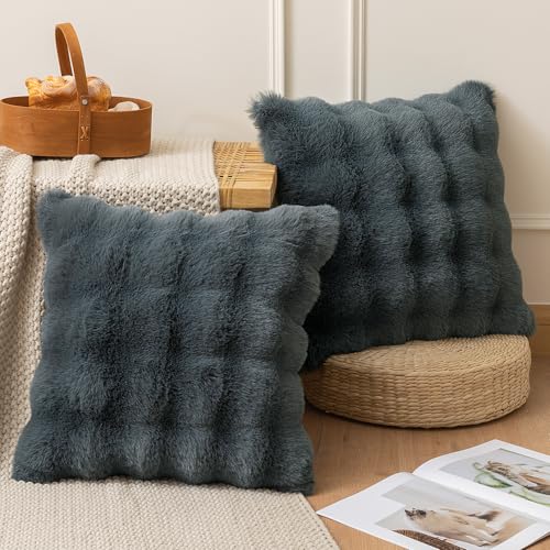 MIULEE 2 Pieces Decorative Cushion Covers Artificial Plush Cover Wave Decoration Living Room Cushions for Sofa Bedroom Grey 45 x 45 cm - size: 17.7" x 17.7" (Pack of 2)