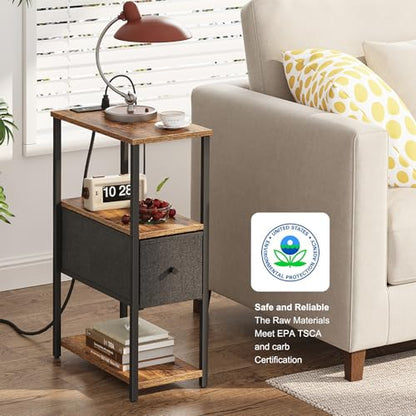TUTOTAK Small Narrow End Table with Charging Station, Set of 2 | Side Table with Outlets, Nightstand with Cloth Drawer, Couch Table for Living Room, Bedroom, Brown and Black TB01BB058K - color: Brown and Black, style: 1 Drawer & Plug