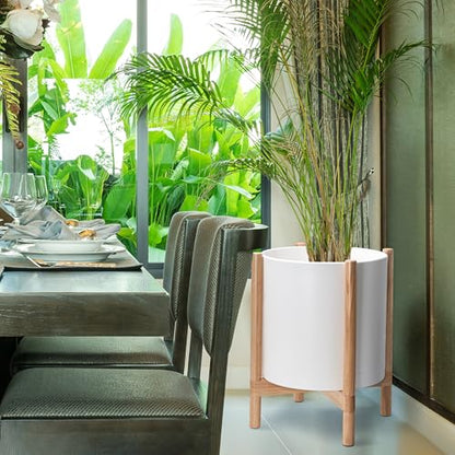 D'vine Dev Plastic Pot with Natural Wood Stand, White, 16 in, 55-C-Y-1 | Mid-Century Inspired Design, Elevated Plant Display, Clean Lines, Sturdy Support, Modern Space-Saving Style - color: Matte White Pot + Natural Stand, size: 16 Inch