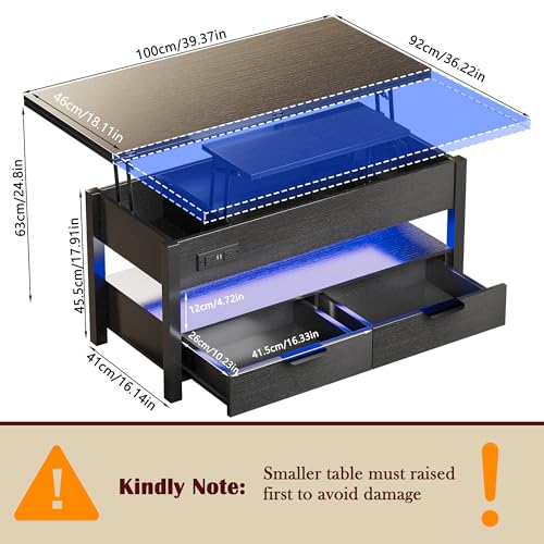 40" Lift Top Smart Coffee Table for Living Room | Power Outlets, LED Lights, Lifting Top, Storage Drawers & Compartments, for 4-6 People, Black - color: Black