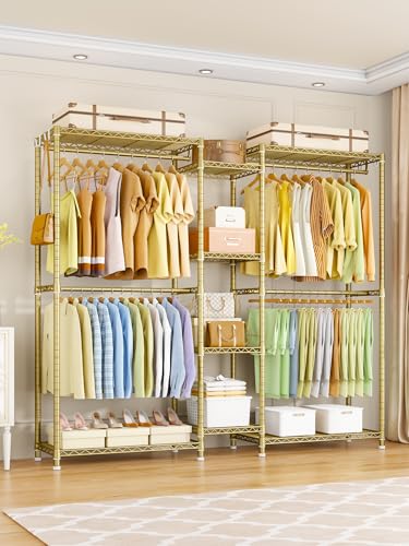 E4 Clothes Rack, Heavy-Duty Garment Rack Can Be L-Shaped Closet, Gold | Metal Freestanding Clothing Organization Storage System with Shelves and Hangers, Load 962lbs, 70.8"W x 14.5"D x 79.3"H - color: Gold