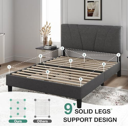 Novilla Queen Size Bed Frame Upholstered Queen Bed Frame with 3-Height Adjustable Headboard, Strong Weight Capacity, No Box Spring Needed, Easy Assembly, Grey - color: Grey, size: Queen