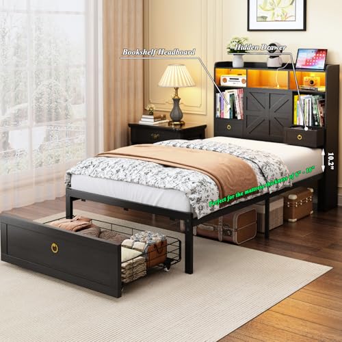 Twin Bed Frame with Storage Headboard, Farmhouse Platform Bed Frame with Bookshelf, Drawers, LED Lights and Charging Station, Metal Slats Support, Noise Free, No Box Spring Needed, Black - size: Twin