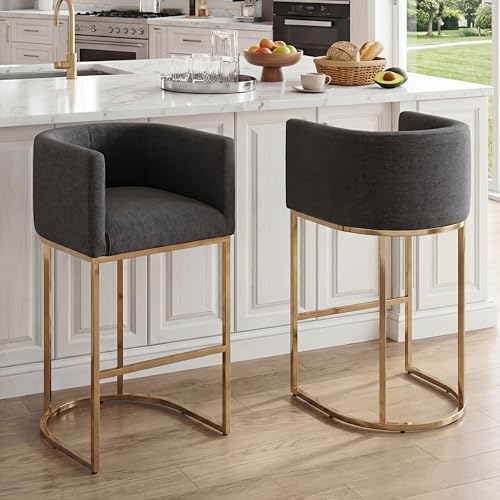 HNY Modern Barrel Counter Height Bar Stools Set of 2, 29 Inch Charcoal Linen Kitchen Barstools with Back for Island, with Gold Metal Tubular Frame - color: 29inch Charcoal,gold Base