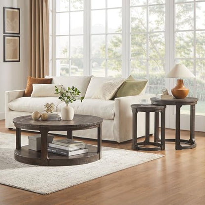 JUSTONE 40" Round Coffee Table for Living Room,2 Tier Traditional Round Circle Wooden Center Coffee Table,Rustic Industrial Coffee Table for Apartment, Easy Assembly (Brown) - color: 40'' Round - Brown