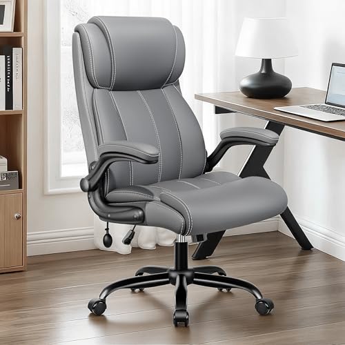 BESTFAIR High Back Office Chair, Adjustable Lumbar Support, Rocking, Gray | Inflatable Lumbar Eases Lower Back Fatigue, Padded Flip-Up Armrests, 21" Wide Seat, Scratch-Resistant PU Leather, 2 Pack - color: Grey, size: 2 Pack