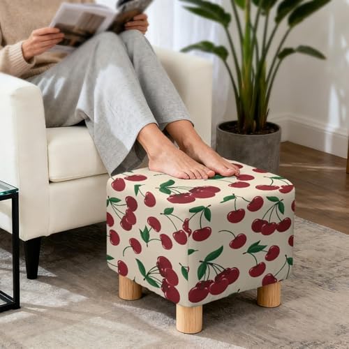 Cute Cherry Print Stretch Square Ottoman Cover Nonslip Elastic Band Bottom Footrest Stool Cover Protector for Square Ottoman 13x13x15 Inch - color: Cute Cherry